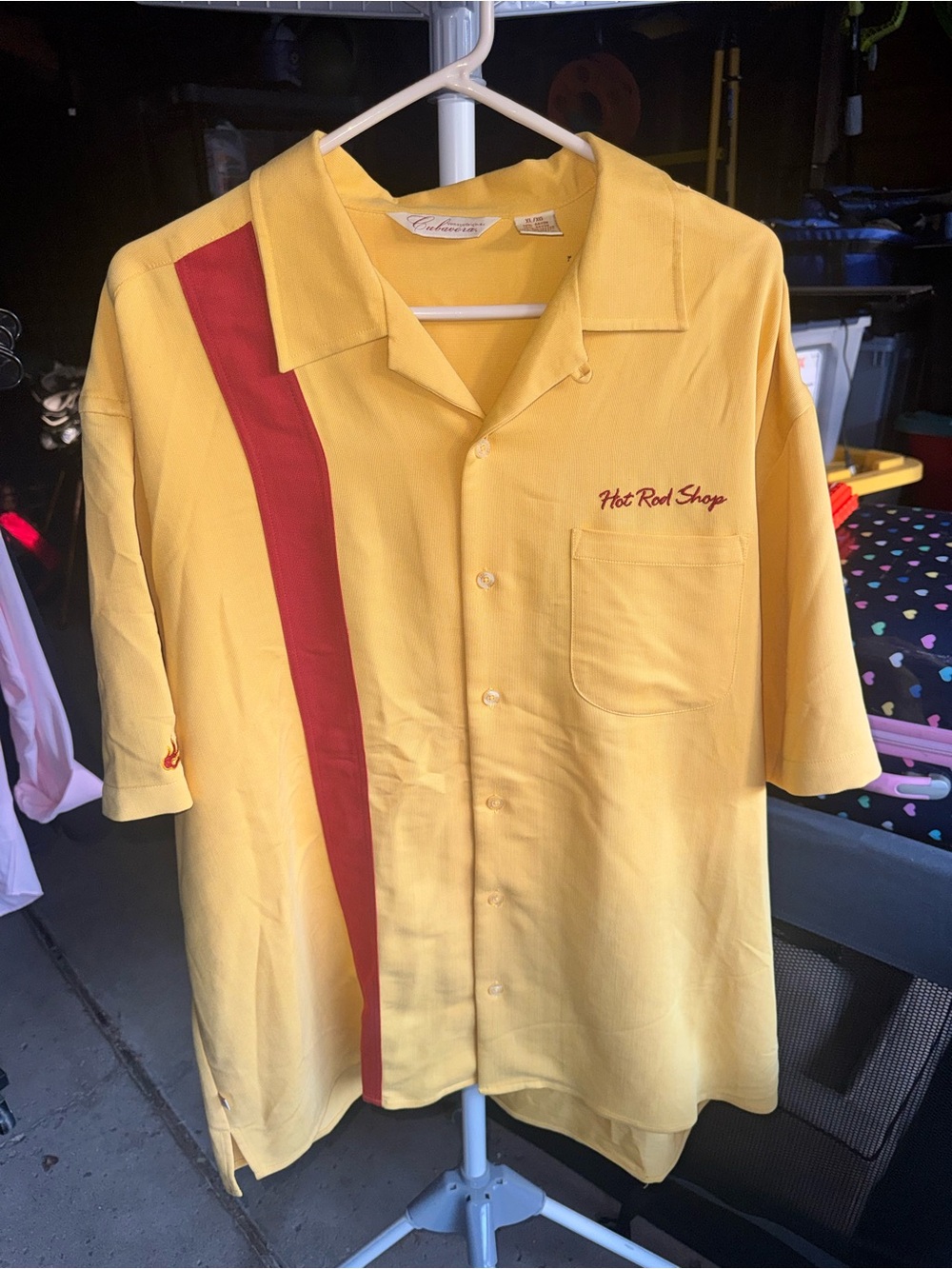 Cubavera “American Classic Hot Rod Shop” Yellow Bowling Shirt with Red Stripe